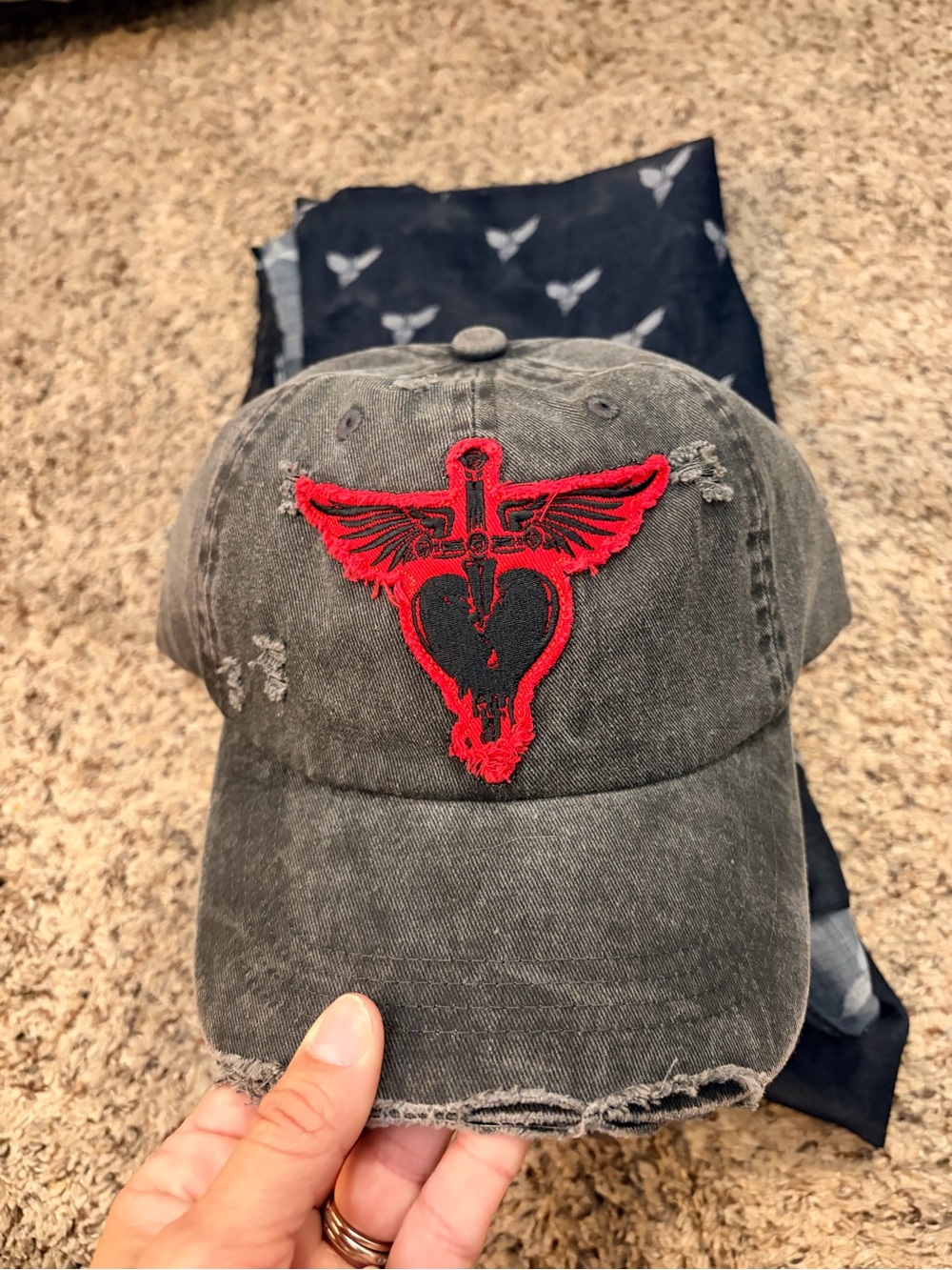 Black Distressed Baseball Cap with Red Winged Heart Patch - Picture 3 of 5